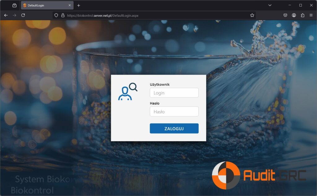 Ekran logowania do systemu BioKontrol wspomagającego gospodarkę ściekową w gminach od SoftwareStudio.