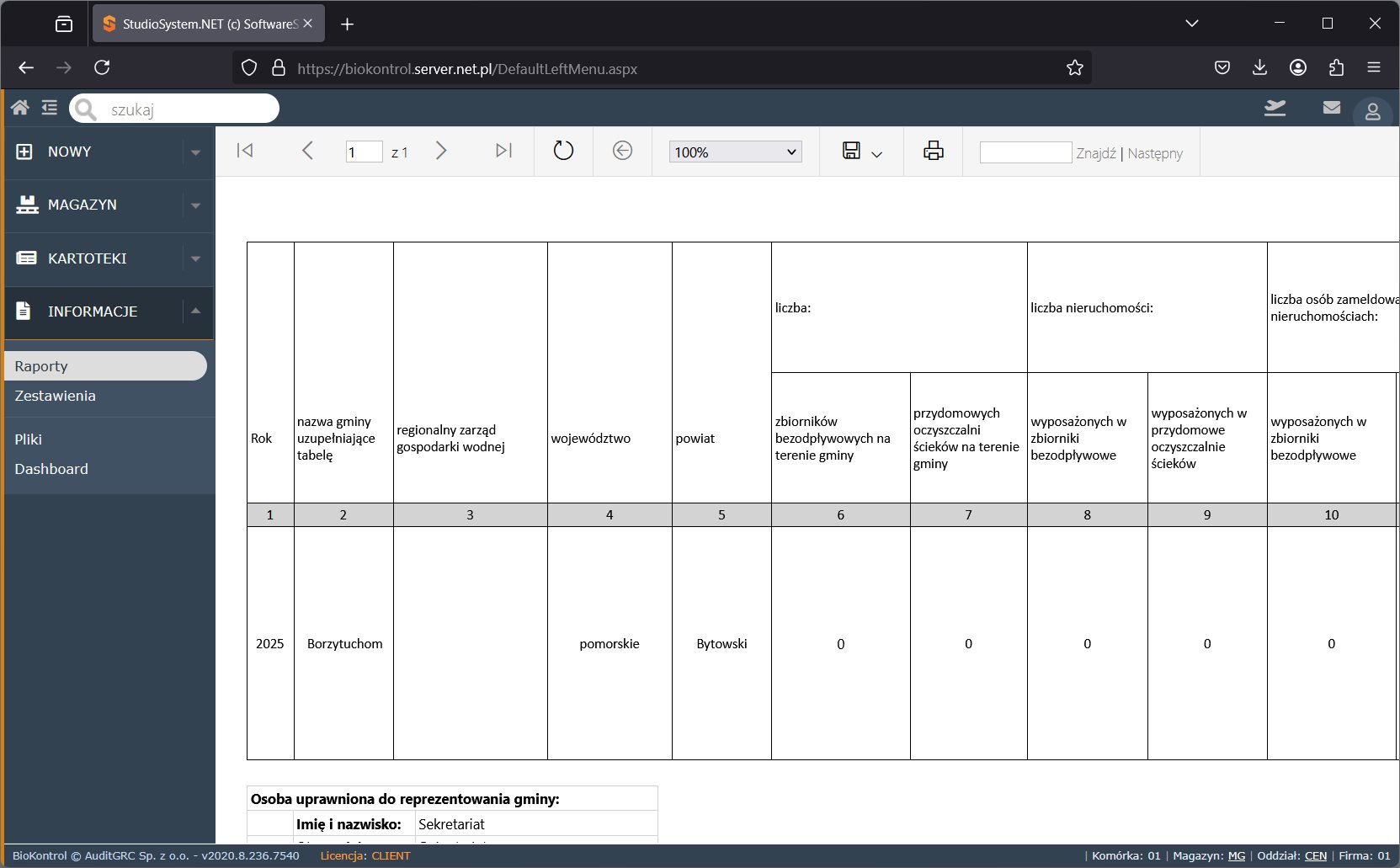 Zrzut ekranu systemu BioKontrol przedstawiający tabelę raportu ewidencji zbiorników bezodpływowych gminy Borzytuchom