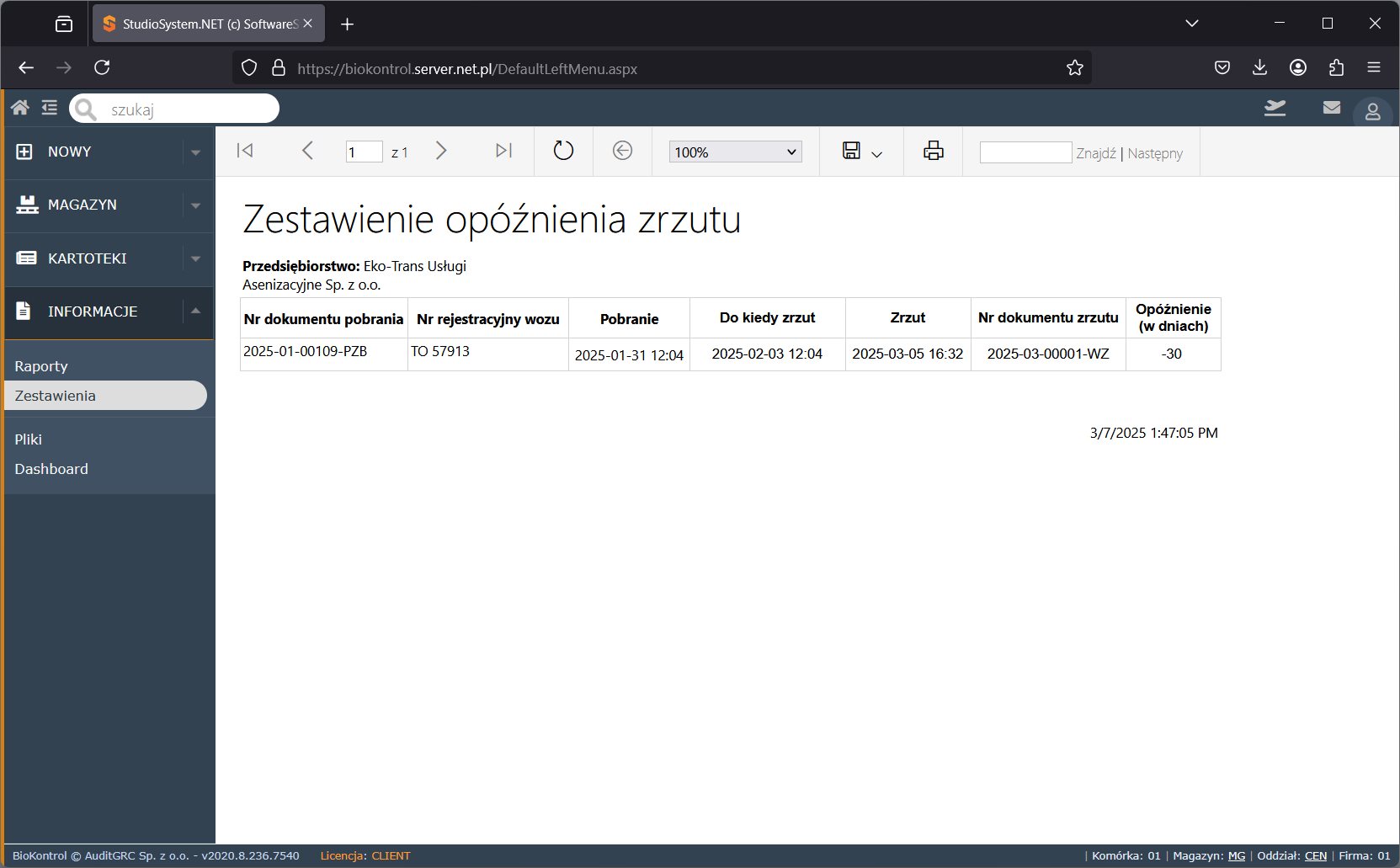 Tabela w systemie BioKontrol przedstawiająca zestawienie opóźnienia zrzutu dla przedsiębiorstwa Eko-Trans Usługi