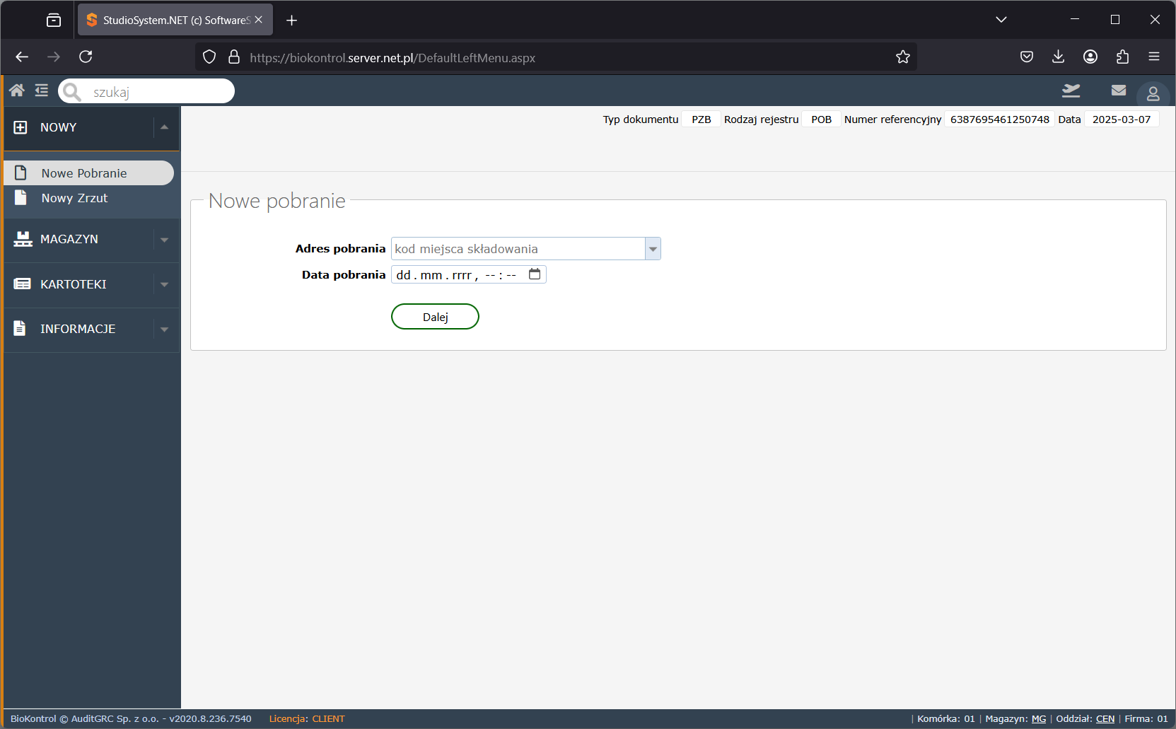 Ekran logistyki wewnętrznej Studio PWS.net prezentujący formularz Nowe pobranie z wyborem adresu i daty